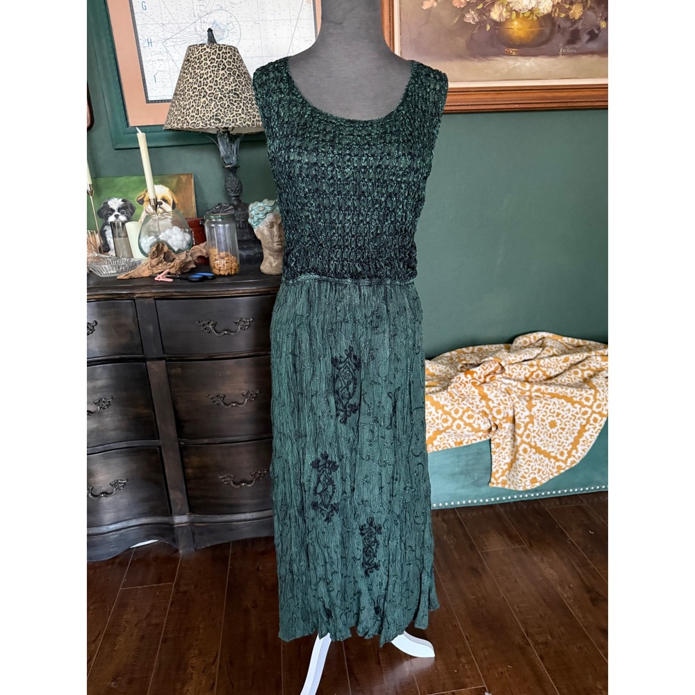 Wild Flowers Green Smocked Embroidered Bohemian Maxi Dress Womens Small